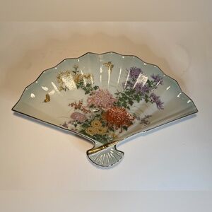 vintage Japanese fan-shaped porcelain dish, trinket dish. Midori Kiku